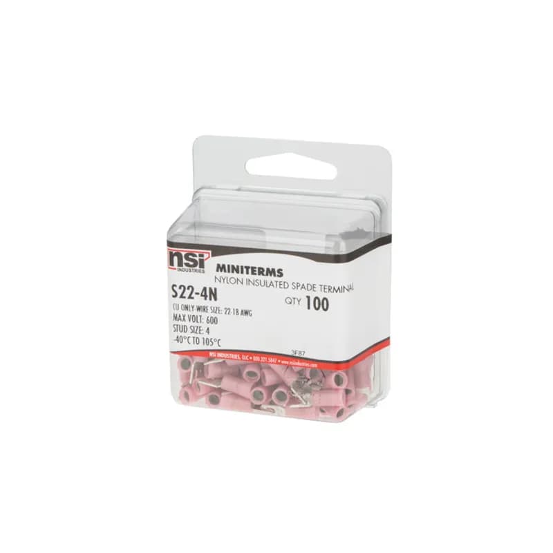 22-18 AWG Nylon Insulated Spade #4 Stud, 100 Per Pack