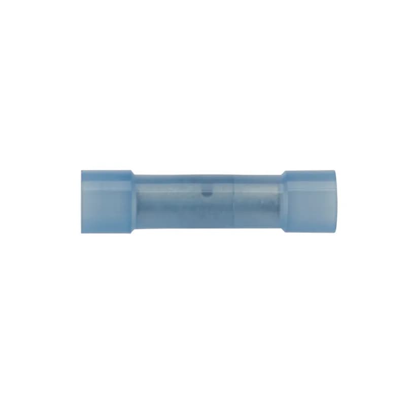 Seamless Butt Splice constructed from electro tin-plated copper tubing with nylon insulation. Features a center stop to insure equal insertion of wires. Used for wire splicing in 16-14 AWG applications