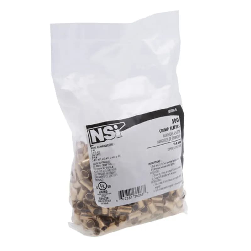 NSI Industries SB1808-B - The Easy-Twist SB1808-B 500-Count Bag of Copper Crimp Sleeve Wire Connectors are designed for use on wires in the 18-8 AWG size range. The simple sleeve design forms low-resistance connections in a tight space and installs using a specialized crimp tool or adjustable pliers. Use crimp sleeves to permanently connect wires in grounding, uninsulated or small motor applications where vibration resistance is a concern.