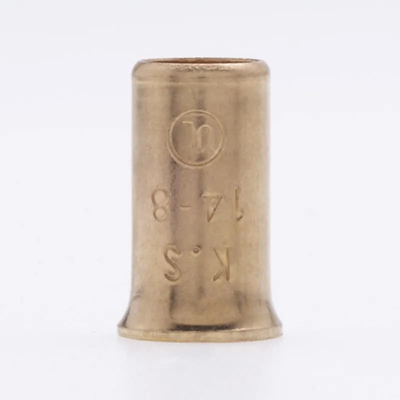 The Easy-Twist SB1808 50-Count Pack of Copper Crimp Sleeve Wire Connectors are designed for use on wires in the 18-8 AWG size range. The simple sleeve design forms low-resistance connections in a tight space and installs using a specialized crimp tool or adjustable pliers. Use crimp sleeves to permanently connect wires in grounding, uninsulated or small motor applications where vibration resistance is a concern.