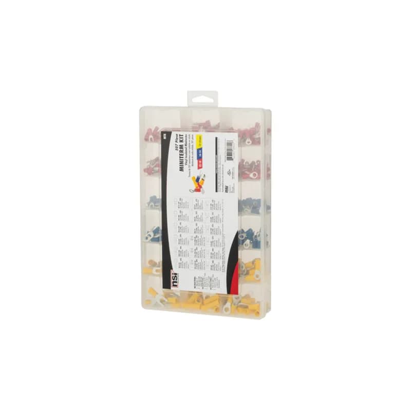 NSI Industries MTK - NSi Industries Vinyl Insulated 493-Piece Miniterm Kit The NSi Industries Vinyl Insulated 493-Piece Miniterm Kit has been carefully designed to include the most popular NSi miniterm terminals. The cases are made of extremely durable polypropylene. They provide the ultimate in organization and convenience. Miniterms are clearly labeled on the inside lid for easy recognition. Convenient size for easy carrying and easy storing. Refillable and reusable. KIT CONTAINS: Quantity SKU Type Wire Size Stud/Tab Size Length Width 40 R22-6V Vinyl Insulated Ring Terminal 22-18 6 .831 .315 40 R22-10V Vinyl Insulated Ring Terminal 22-18 10 .827 .315 30 R16-6V Vinyl Insulated Ring Terminal 16-14 6 .717 .256 30 R16-10V Vinyl Insulated Ring Terminal 16-14 10 .846 .315 20 R12-8V Vinyl Insulated Ring Terminal 12-10 8 1.063 .374 20 R12-14V Vinyl Insulated Ring Terminal 12-10 1/4 1.201 .472 40 F22-250-3V Vinyl Insulated Female Disconnect 22-18 .250 x.032 - - 35 F16-250-3V Vinyl Insulated Female Disconnect 16-14 .250 x.032 - - 20 F12-250-3V Vinyl Insulated Female Disconnect 12-10 .250 x.032 - - 35 B22-V Vinyl Insulated Butt Connector 22-18 - 1.004 - 25 B16-V Vinyl Insulated Butt Connector 16-14 - 1.004 - 15 B12-V Vinyl Insulated Butt Connector 12-10 - 1.063 - 40 S22-6V Vinyl Insulated Spade Terminal 22-18 6 .896 .224 40 S22-10V Vinyl Insulated Spade Terminal 22-18 10 .906 .378 25 S16-6V Vinyl Insulated Spade Terminal 16-14 6 .839 .252 25 S16-10V Vinyl Insulated Spade Terminal 16-14 10 .846 .315 15 S12-8V Vinyl Insulated Spade Terminal 12-10 8 1.012 .354 12 S12-14V Vinyl Insulated Spade Terminal 12-10 1/4 1.287 .354