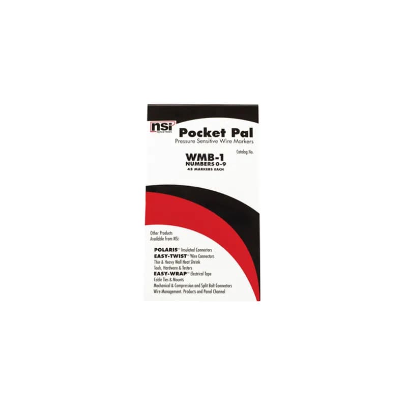 Pocket Pal Wire Marker Book with vinyl impregnated cloth nd strong adhesive for lasting labeling. Black legend on white background, 450 wire markers. Legend: 0-9