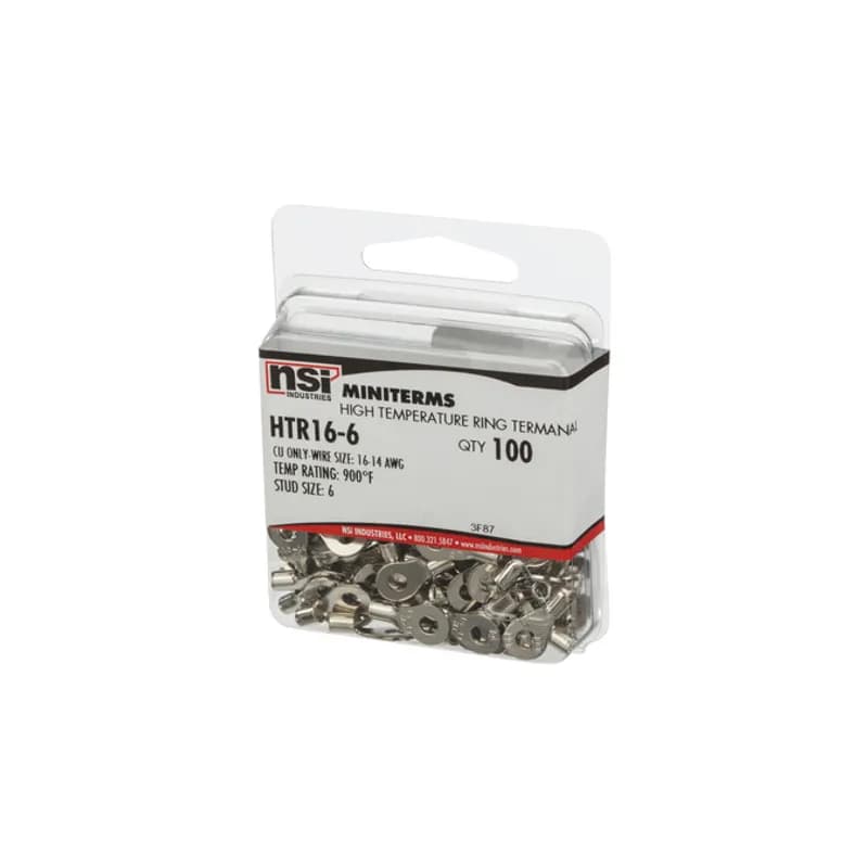 16-14 AWG, # 6 Stud High Temperature Ring Terminal, 100/Pack