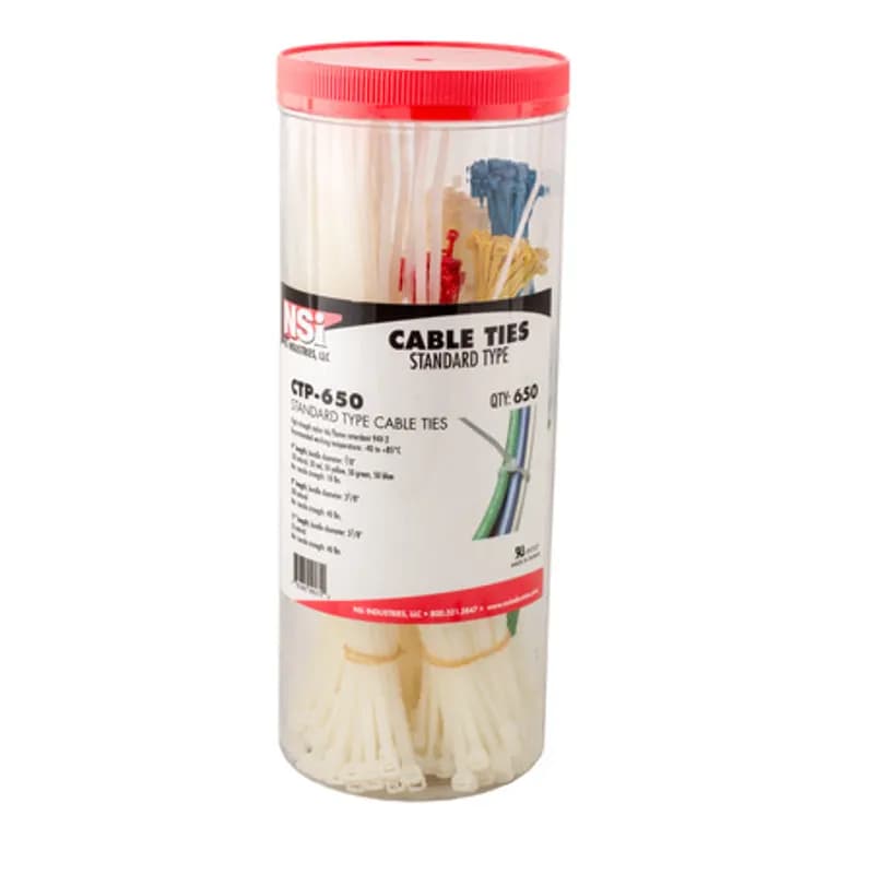 650-Piece Cable Tie Variety Pack 650-Piece Cable Tie Variety Pack are cable ties that come in an assortment of sizes and colors for applications that have a variety of needs. Provided in an air-tight canister to prevent drying, extending life. Made of high-strength Nylon 66 that resists abrasion and chemicals such as common oils, greases, solvents, dilute acids and alkalines. They are fungus-resistant, self-extinguishing and have excellent dielectric properties.