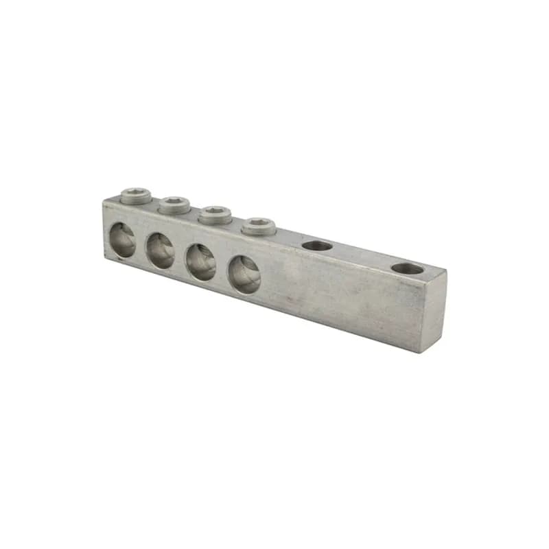 4 Port Aluminum Dual Rated Transformer Connector 350 MCM - 6 AWG made from 6061T-6 aluminum alloy. It is electro-tin plated for low contact resistance. Two NEMA 1/2" holes for easy attachment. Rated 600 volts.