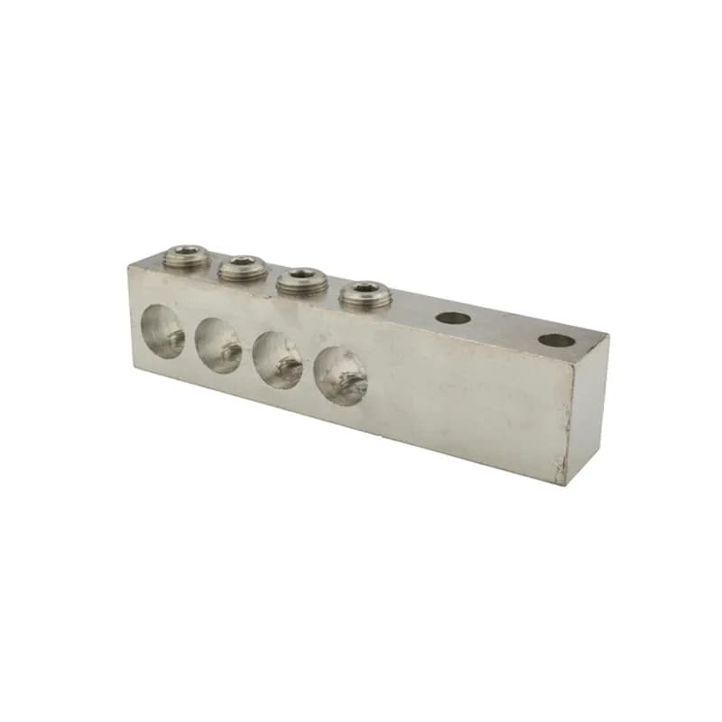 4 Port Aluminum Dual Rated Transformer Connector 750 MCM - 250 MCM Transformer Connectors are made from 6061T-6 aluminum alloy. They are electro-tin plated for low contact resistance. Two NEMA 1/2" holes for easy attachment. Rated 600 volts.