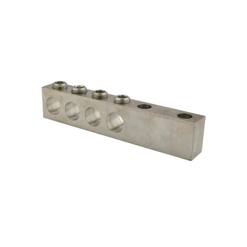 NSI Industries STL500-4 - 4 Port Aluminum Dual Rated Transformer Connector 500 MCM - 4 AWG Transformer Connectors are made from 6061T-6 aluminum alloy. They are electro-tin plated for low contact resistance. Two NEMA 1/2" holes for easy attachment. Rated 600 volts.