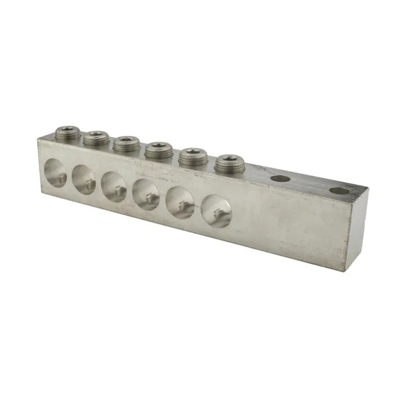 6 Port Aluminum Dual Rated Transformer Connector 750 MCM - 250 MCM Transformer Connectors are made from 6061T-6 aluminum alloy. They are electro-tin plated for low contact resistance. Two NEMA 1/2" holes for easy attachment. Rated 600 volts.