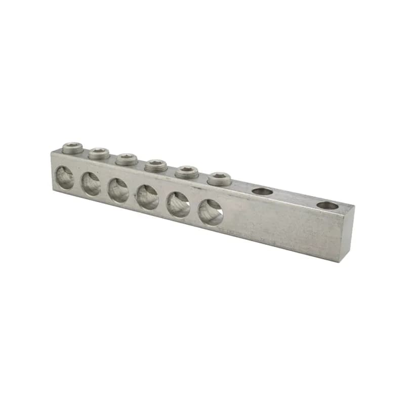6 Port Aluminum Dual Rated Transformer Connector 350 MCM - 6 AWG Transformer Connectors are made from 6061T-6 aluminum alloy. They are electro-tin plated for low contact resistance. Two NEMA 1/2" holes for easy attachment. Rated 600 volts.