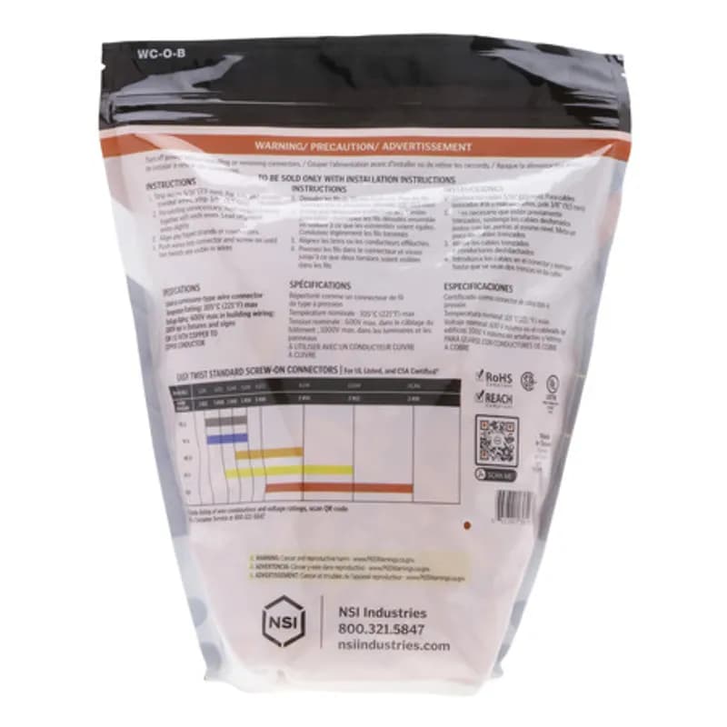 NSI Industries WC-O-B - The Easy-Twist WC-O-B 500-Count Bag of Standard-Style Orange Wire Connectors are designed for use on copper wires in the 22-14 AWG size range. Theyâ€™re made of flame-retardant thermoplastic rated for a maximum temperature of 105Ëš Celsius (221Ëš Fahrenheit). The quick-grip square spring design grips in fewer twists and can dead-end a single wire, while the ergonomic ribbed texture makes them easy to twist. Their compact design is useful for applications in tight areas or anywhere else you need to connect wires.
