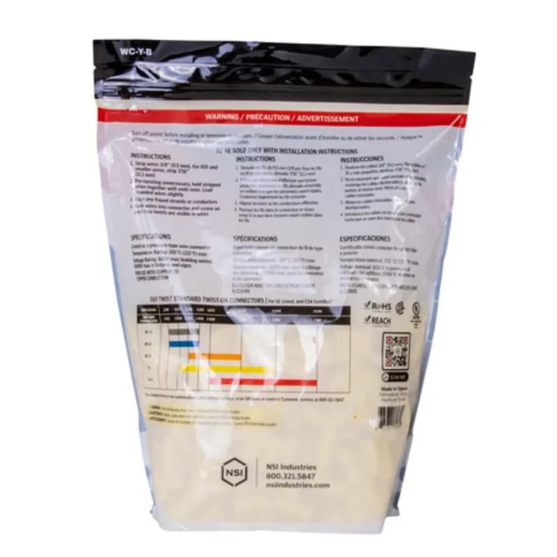 The Easy-Twist WC-Y-B 500 Bag of Standard-Style Yellow Wire Connectors are designed for use on copper wires in the 22-8 AWG size range. They’re made of flame-retardant thermoplastic rated for a maximum temperature of 105˚ Celsius (221˚ Fahrenheit). The quick-grip square spring design grips in fewer twists and can dead-end a single wire, while the ergonomic ribbed texture makes them easy to twist. Their compact design is useful for applications in tight areas or anywhere else you need to connect wires.