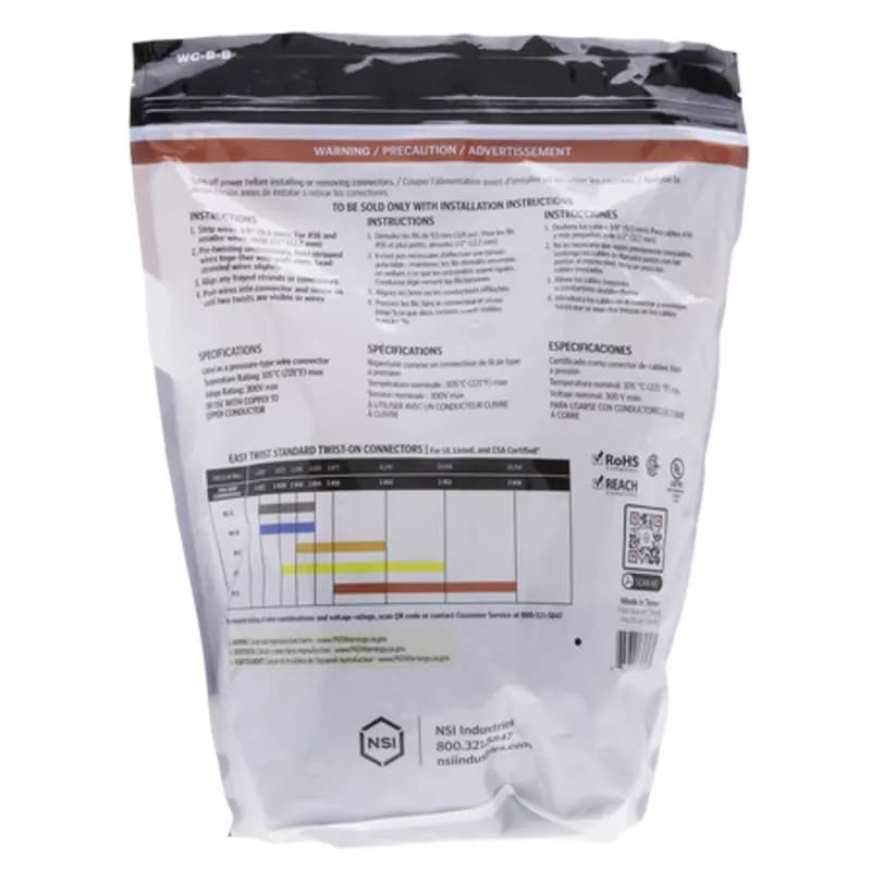 NSI Industries WC-B-B - The Easy-Twist WC-B-B 1,000-Count Bag of Standard-Style Blue Wire Connectors are designed for use on copper wires in the 22-14 AWG size range. Theyâ€™re made of flame-retardant thermoplastic rated for a maximum temperature of 105Ëš Celsius (221Ëš Fahrenheit). The quick-grip square spring design grips in fewer twists and can dead-end a single wire, while the ergonomic ribbed texture makes them easy to twist. Their compact design is useful for applications in tight areas or anywhere else you need to connect wires.