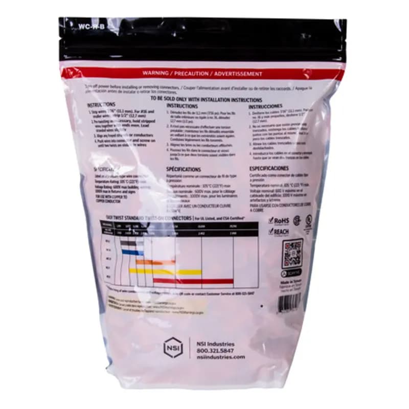The Easy-Twist WC-R-B 500-Count Bag of Standard-Style Red Wire Connectors are designed for use on copper wires in the 22-10 AWG size range. They’re made of flame-retardant thermoplastic rated for a maximum temperature of 105˚ Celsius (221˚ Fahrenheit). The quick-grip square spring design grips in fewer twists and can dead-end a single wire, while the ergonomic ribbed texture makes them easy to twist. Their compact design is useful for applications in tight areas or anywhere else you need to connect wires.