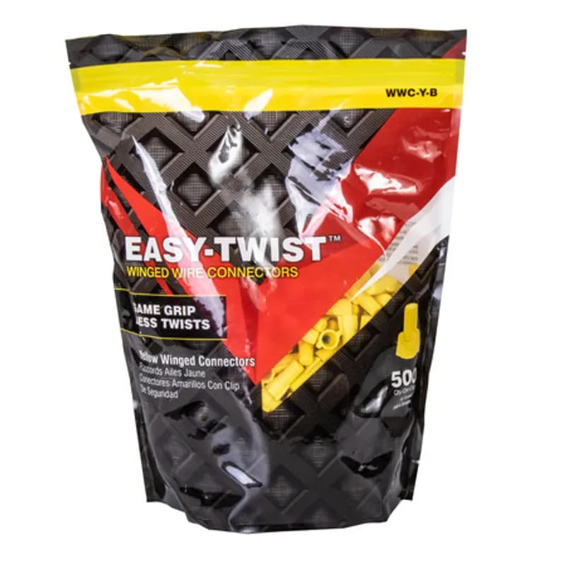 NSI Industries WWC-Y-B - The Easy-Twist WWC-Y-B 500-Count Bag of Yellow Winged Wire Connectors are designed for use on copper wires in the 18-10 AWG size range. Theyâ€™re made of flame-retardant thermoplastic rated for a maximum temperature of 105Ëš Celsius (221Ëš Fahrenheit). The quick-grip square spring design grips in fewer twists and can dead-end a single wire, while the ergonomic swept-back wing design and ribbed texture makes them easy to twist. Their compact design is useful for applications in tight areas or anywhere else you need to connect wires