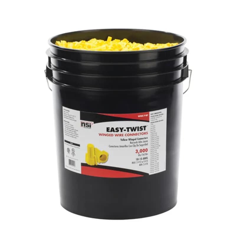 NSI Industries WWC-Y-D - The Easy-Twist WWC-Y-D Bulk 35,000-Count Fibre Drum of Yellow Winged Wire Connectors are designed for use on copper wires in the 18-10 AWG size range. Theyâ€™re made of flame-retardant thermoplastic rated for a maximum temperature of 105Ëš Celsius (221Ëš Fahrenheit). The quick-grip square spring design grips in fewer twists and can dead-end a single wire, while the ergonomic swept-back wing design and ribbed texture makes them easy to twist. Their compact design is useful for applications in tight areas or anywhere else you need to connect wires.