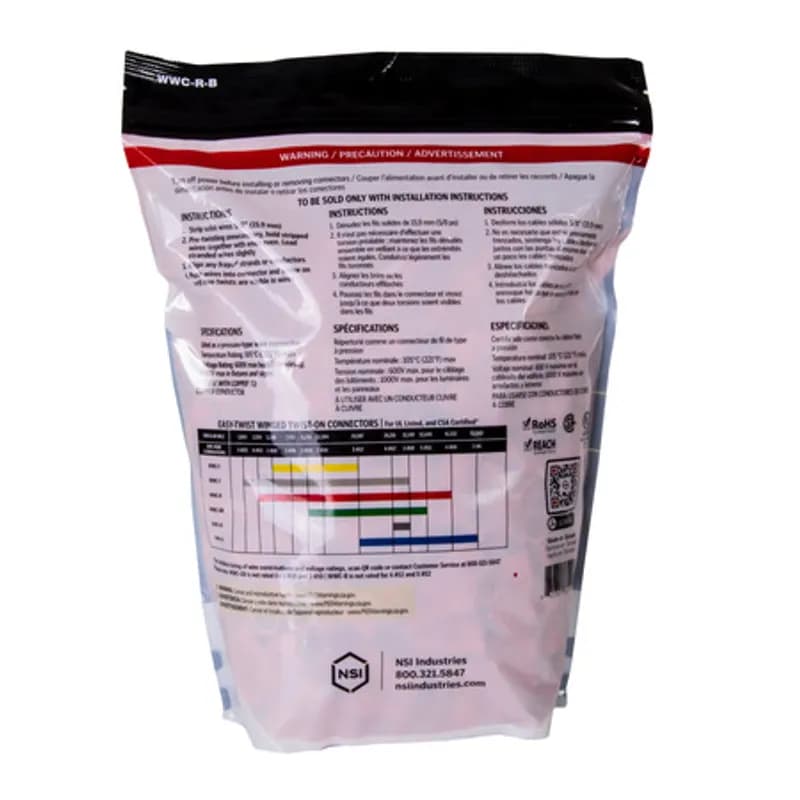 NSI Industries WWC-R-B - The Easy-Twist WWC-R-B 500-Count Bag of Red Winged Wire Connectors are designed for use on copper wires in the 22-6 AWG size range. Theyâ€™re made of flame-retardant thermoplastic rated for a maximum temperature of 105Ëš Celsius (221Ëš Fahrenheit). The quick-grip square spring design grips in fewer twists and can dead-end a single wire, while the ergonomic swept-back wing design and ribbed texture makes them easy to twist. Their compact design is useful for applications in tight areas or anywhere else you need to connect wires.