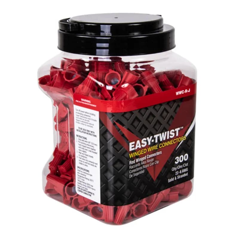 The Easy-Twist WWC-R-J 300-Count Jar of Red Winged Wire Connectors are designed for use on copper wires in the 22-6 AWG size range. They’re made of flame-retardant thermoplastic rated for a maximum temperature of 105˚ Celsius (221˚ Fahrenheit). The quick-grip square spring design grips in fewer twists and can dead-end a single wire, while the ergonomic swept-back wing design and ribbed texture makes them easy to twist. Their compact design is useful for applications in tight areas or anywhere else you need to connect wires.
