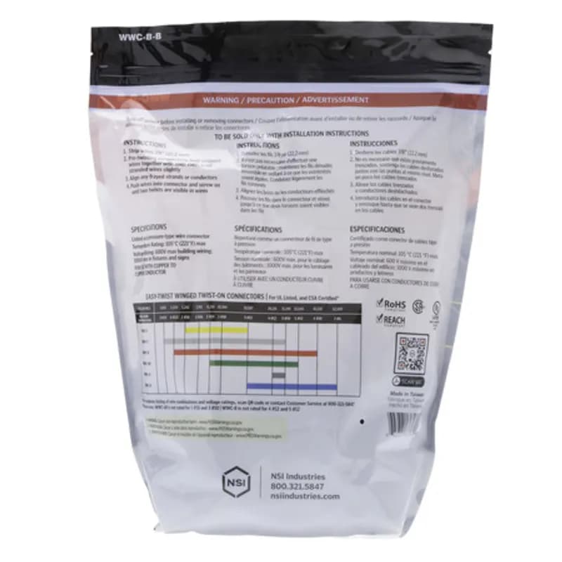 NSI Industries WWC-B-B - The Easy-Twist WWC-B-B 100-Count Bag of Blue Winged Wire Connectors are designed for use on copper wires in the 14-6 AWG size range. Theyâ€™re made of flame-retardant thermoplastic rated for a maximum temperature of 105Ëš Celsius (221Ëš Fahrenheit). The quick-grip square spring design grips in fewer twists and can dead-end a single wire, while the ergonomic swept-back wing design and ribbed texture makes them easy to twist. Their compact design is useful for applications in tight areas or anywhere else you need to connect wires.Â