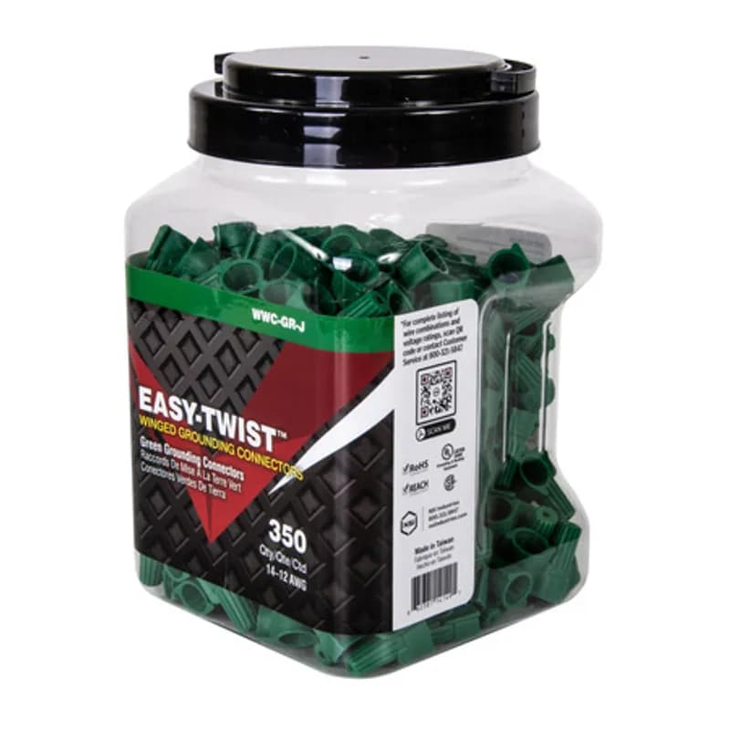 The Easy-Twist WWC-GR-J 300-Count Jar of Green Winged Wire Connectors are designed for grounding copper wires in the 14-12 AWG size range. They have a hole in the top designed for a through-wire and are made of flame-retardant thermoplastic. The quick-grip square spring design grips in fewer twists and can dead-end a single wire, while the ergonomic swept-back wing design and ribbed texture makes them easy to twist. Their compact design is useful for applications in tight areas or anywhere else you need to connect wires.