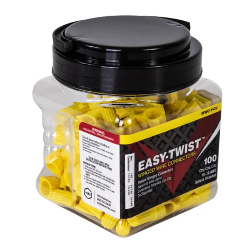 The Easy-Twist WWC-Y-CJ 100-Count Small Jar of Yellow Winged Wire Connectors are designed for use on copper wires in the 18-10 AWG size range. Theyâ€™re made of flame-retardant thermoplastic rated for a maximum temperature of 105Ëš Celsius (221Ëš Fahrenheit). The quick-grip square spring design grips in fewer twists and can dead-end a single wire, while the ergonomic swept-back wing design and ribbed texture makes them easy to twist. Their compact design is useful for applications in tight areas or anywhere else you need to connect wires.
