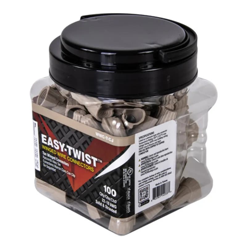 The Easy-Twist WWC-T-CJ 100-Count Small Jar of Tan Winged Wire Connectors are designed for use on copper wires in the 22-10 AWG size range. They’re made of flame-retardant thermoplastic rated for a maximum temperature of 105˚ Celsius (221˚ Fahrenheit). The quick-grip square spring design grips in fewer twists and can dead-end a single wire, while the ergonomic swept-back wing design and ribbed texture makes them easy to twist. Their compact design is useful for applications in tight areas or anywhere else you need to connect wires.