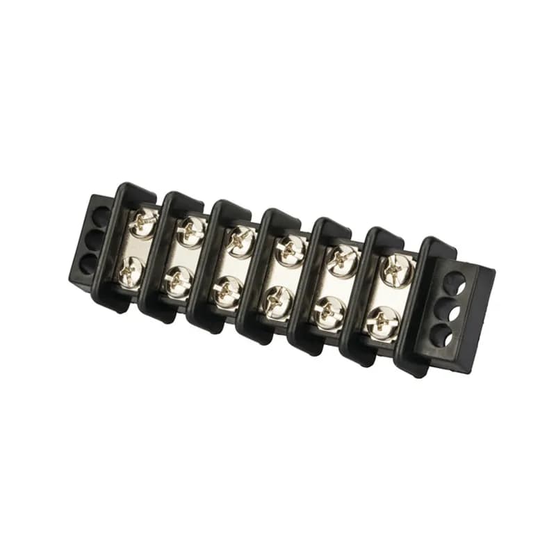 6 Circuit Double Row Terminal Block Terminal blocks are made from strong glass-filled polyester. Heavy duty construction with corrosion resistant terminal plates ensures dependable, easy access multiple termination block. Screws are #8 stud size. Rated for 30 amps and 600 volts maximum.