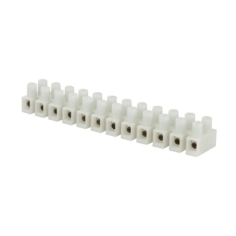 12 Circuit Insulated Terminal Block for wire range 22-12, rated RU, 30AMPS. "Touchproof" saety with recessed screws and tubular contacts. Cut into smaller sections or stack end to end. Nylon 66 housing, brass metal alloy with nickel plated terminal insert.