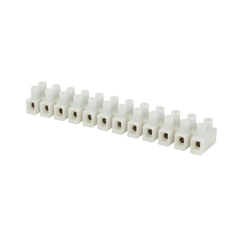 12 Circuit Insulated Terminal Block for wire range 22-12, rated RU, 35AMPS. "Touchproof" saety with recessed screws and tubular contacts. Cut into smaller sections or stack end to end. Nylon 66 housing, brass metal alloy with nickel plated terminal insert.
