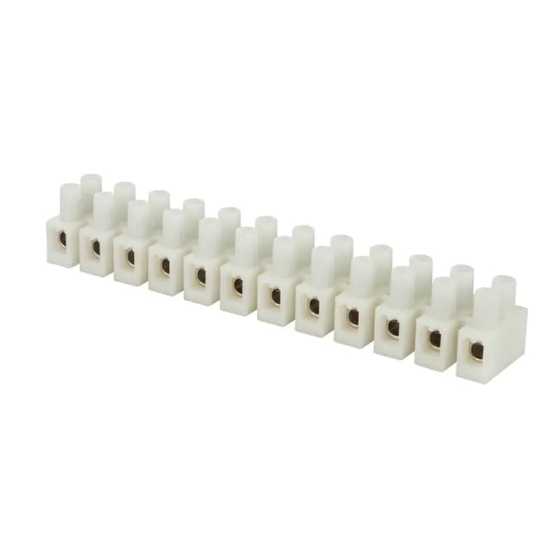 12 Circuit Insulated Terminal Block for wire range 22-12, rated RU, 50AMPS. "Touchproof" saety with recessed screws and tubular contacts. Cut into smaller sections or stack end to end. Nylon 66 housing, brass metal alloy with nickel plated terminal insert.