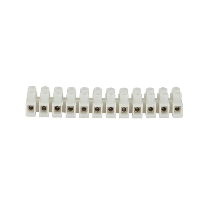 12 Circuit Insulated Terminal Block for wire range 22-12, rated RU, 20AMPS. "Touchproof" saety with recessed screws and tubular contacts. Cut into smaller sections or stack end to end. Nylon 66 housing, brass metal alloy with nickel plated terminal insert.