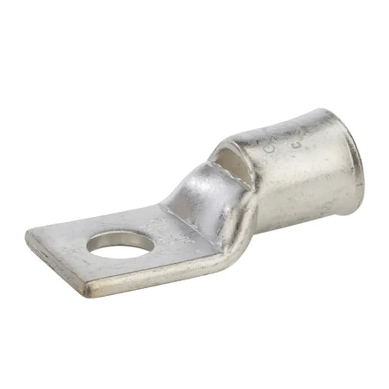 1 Hole Short Barrel Copper Compression Lug for Flexible Copper Cable300 MCM- 1/2" Bolt Compression lugs for flexible copper cables are connects that have a gentle, continuous flared end to ensure ease of cable insertion of flexible and extra flexible cables such as locomotive, welding, mining cable and more. The flared end also reduces pressure on the cable strands after installation and protects them from chafing and breakage as a result of cable movement. Tin-plated for corrosion resistance. Rated 600 volts for copper cables only. Single mounting hole.