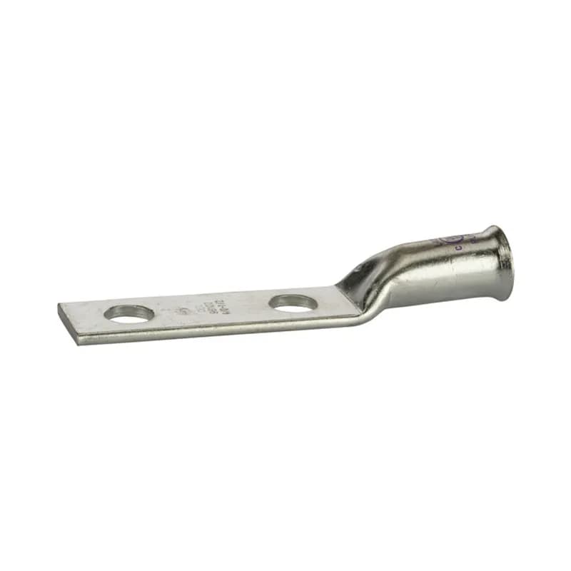 2 Hole Long Barrel Copper Compression Lug for Flexible Copper Cable 4/0 AWG - 1/2" Bolt Compression lugs for flexible copper cables are connects that have a gentle, continuous flared end to ensure ease of cable insertion of flexible and extra flexible cables such as locomotive, welding, mining cable and more. The flared end also reduces pressure on the cable strands after installation and protects them from chafing and breakage as a result of cable movement. Tin-plated for corrosion resistance. Rated 600 volts for copper cables only. Single mounting hole.