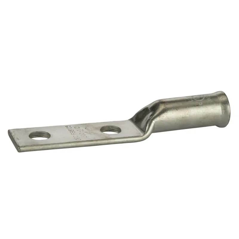 2 Hole Long Barrel Copper Compression Lug for Flexible Copper Cable 300 MCM- 1/2" Bolt Compression lugs for flexible copper cables are connects that have a gentle, continuous flared end to ensure ease of cable insertion of flexible and extra flexible cables such as locomotive, welding, mining cable and more. The flared end also reduces pressure on the cable strands after installation and protects them from chafing and breakage as a result of cable movement. Tin-plated for corrosion resistance. Rated 600 volts for copper cables only. Single mounting hole.