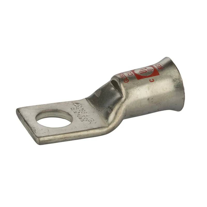 1 Hole Short Barrel Copper Compression Lug for Flexible Copper Cable 350 MCM- 5/8" Bolt Compression lugs for flexible copper cables are connects that have a gentle, continuous flared end to ensure ease of cable insertion of flexible and extra flexible cables such as locomotive, welding, mining cable and more. The flared end also reduces pressure on the cable strands after installation and protects them from chafing and breakage as a result of cable movement. Tin-plated for corrosion resistance. Rated 600 volts for copper cables only. Single mounting hole.