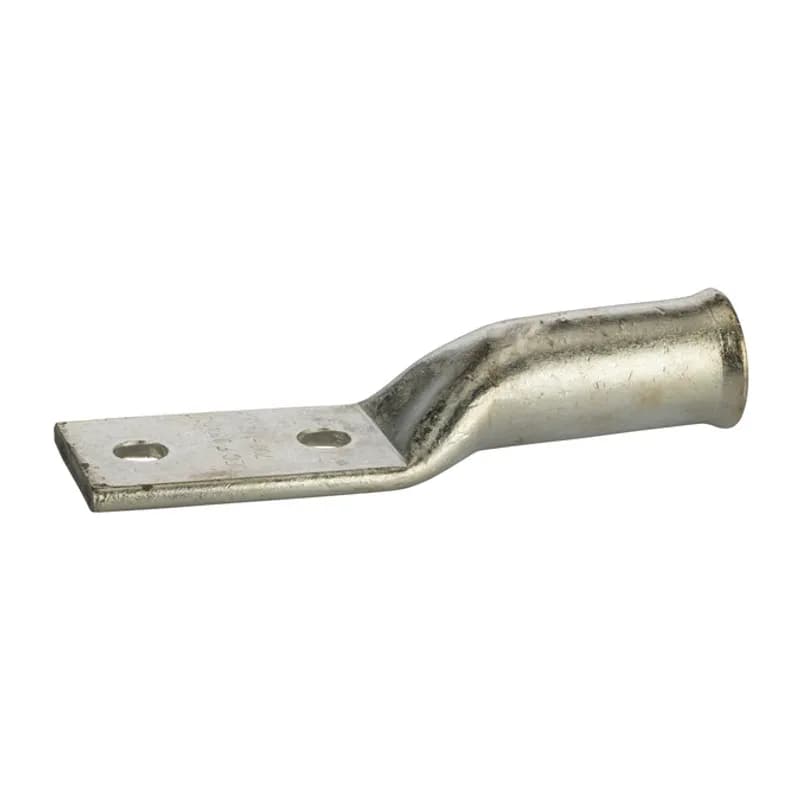 2 Hole Long Barrel Copper Compression Lug for Flexible Copper Cable 700 MCM - 1/2" Bolt Compression lugs for flexible copper cables are connects that have a gentle, continuous flared end to ensure ease of cable insertion of flexible and extra flexible cables such as locomotive, welding, mining cable and more. The flared end also reduces pressure on the cable strands after installation and protects them from chafing and breakage as a result of cable movement. Tin-plated for corrosion resistance. Rated 600 volts for copper cables only. Single mounting hole.
