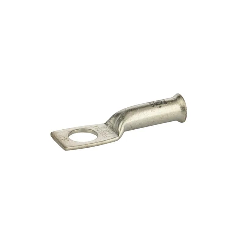 1 Hole Long Barrel Copper Compression Lug for Flexible Copper Cable 4 AWG - 3/8" Bolt Compression lugs for flexible copper cables are connects that have a gentle, continuous flared end to ensure ease of cable insertion of flexible and extra flexible cables such as locomotive, welding, mining cable and more. The flared end also reduces pressure on the cable strands after installation and protects them from chafing and breakage as a result of cable movement. Tin-plated for corrosion resistance. Rated 600 volts for copper cables only. Single mounting hole.