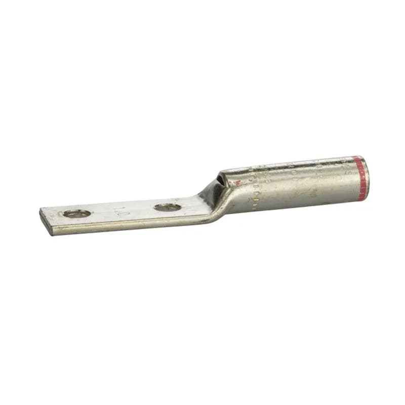 2 Hole Long Barrel Copper Compression Lug 1/0 AWG - 1/4" Bolt Long Barrel Copper Compression Lugs are produced from high conductivity copper tubing. Allows easy inspection of the termination to assure complete cable insertion. Tin-plated to provide corrosion and low contact resistance. Marked with die index and color coded. Listed for 35KV maximum when properly installed. Rated 600V. cULus 486A/B Listed. UL467 Listed on sizes 6 AWG - 3/0 AWG. Temperature rating 90 degrees C.