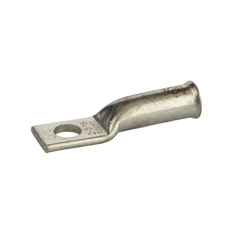 1 Hole Long Barrel Copper Compression Lug for Flexible Copper Cable 2 AWG- 5/16" Bolt Compression lugs for flexible copper cables are connects that have a gentle, continuous flared end to ensure ease of cable insertion of flexible and extra flexible cables such as locomotive, welding, mining cable and more. The flared end also reduces pressure on the cable strands after installation and protects them from chafing and breakage as a result of cable movement. Tin-plated for corrosion resistance. Rated 600 volts for copper cables only. Single mounting hole.