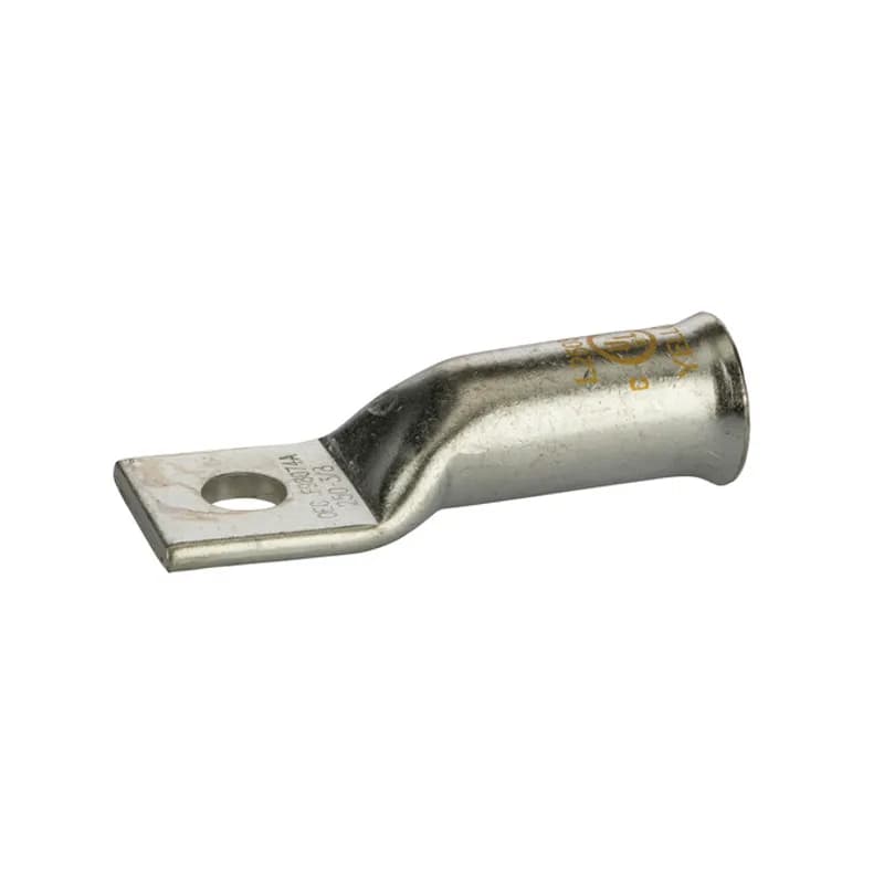 1 Hole Long Barrel Copper Compression Lug for Flexible Copper Cable 250 MCM - 3/8" Bolt Compression lugs for flexible copper cables are connects that have a gentle, continuous flared end to ensure ease of cable insertion of flexible and extra flexible cables such as locomotive, welding, mining cable and more. The flared end also reduces pressure on the cable strands after installation and protects them from chafing and breakage as a result of cable movement. Tin-plated for corrosion resistance. Rated 600 volts for copper cables only. Single mounting hole.