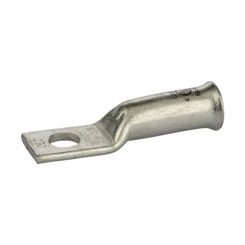 NSI Industries L2038B - 1 Hole Long Barrel Copper Compression Lug for Flexible Copper Cable 2/0 AWG - 3/8" Bolt Compression lugs for flexible copper cables are connects that have a gentle, continuous flared end to ensure ease of cable insertion of flexible and extra flexible cables such as locomotive, welding, mining cable and more. The flared end also reduces pressure on the cable strands after installation and protects them from chafing and breakage as a result of cable movement. Tin-plated for corrosion resistance. Rated 600 volts for copper cables only. Single mounting hole.