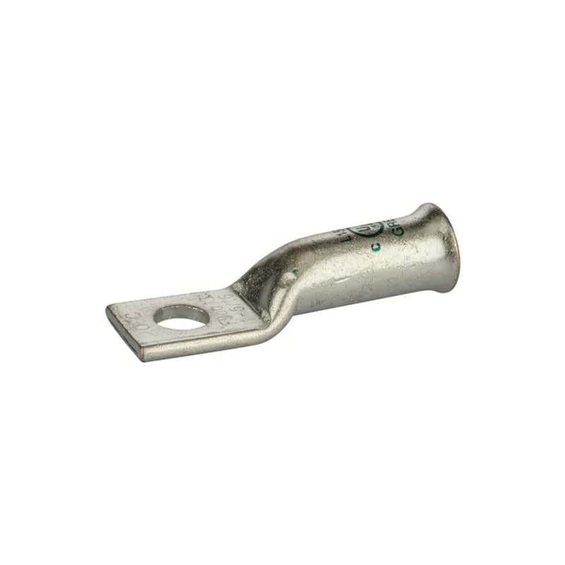 NSI Industries L156B - 1 Hole Long Barrel Copper Compression Lug for Flexible Copper Cable 1 AWG - 5/16" Bolt Compression lugs for flexible copper cables are connects that have a gentle, continuous flared end to ensure ease of cable insertion of flexible and extra flexible cables such as locomotive, welding, mining cable and more. The flared end also reduces pressure on the cable strands after installation and protects them from chafing and breakage as a result of cable movement. Tin-plated for corrosion resistance. Rated 600 volts for copper cables only. Single mounting hole.