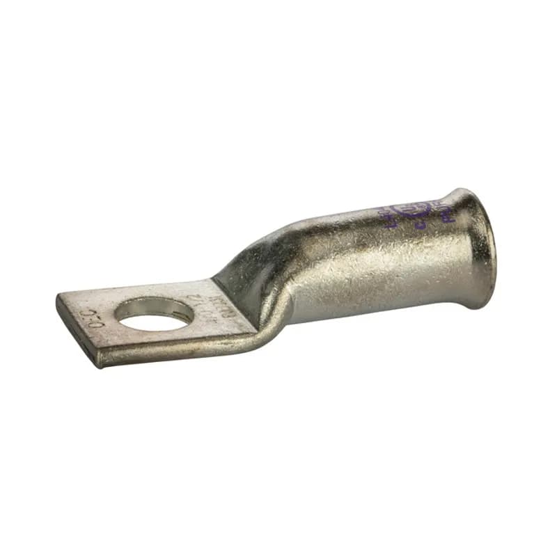 1 Hole Long Barrel Copper Compression Lug for Flexible Copper Cable 4/0 AWG - 1/2" Bolt Compression lugs for flexible copper cables are connects that have a gentle, continuous flared end to ensure ease of cable insertion of flexible and extra flexible cables such as locomotive, welding, mining cable and more. The flared end also reduces pressure on the cable strands after installation and protects them from chafing and breakage as a result of cable movement. Tin-plated for corrosion resistance. Rated 600 volts for copper cables only. Single mounting hole.