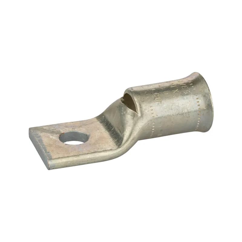 1 Hole Short Barrel Copper Compression Lug for Flexible Copper Cable 700 MCM- 5/8" Bolt Compression lugs for flexible copper cables are connects that have a gentle, continuous flared end to ensure ease of cable insertion of flexible and extra flexible cables such as locomotive, welding, mining cable and more. The flared end also reduces pressure on the cable strands after installation and protects them from chafing and breakage as a result of cable movement. Tin-plated for corrosion resistance. Rated 600 volts for copper cables only. Single mounting hole.