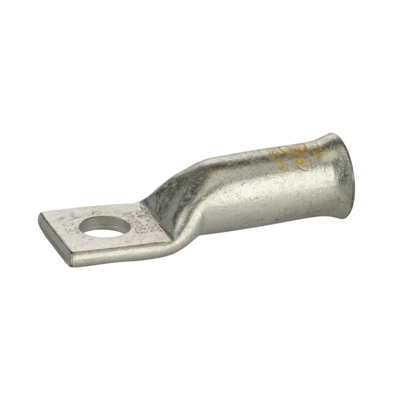 1 Hole Long Barrel Copper Compression Lug for Flexible Copper Cable 250 MCM - 1/2" Bolt Compression lugs for flexible copper cables are connects that have a gentle, continuous flared end to ensure ease of cable insertion of flexible and extra flexible cables such as locomotive, welding, mining cable and more. The flared end also reduces pressure on the cable strands after installation and protects them from chafing and breakage as a result of cable movement. Tin-plated for corrosion resistance. Rated 600 volts for copper cables only. Single mounting hole.