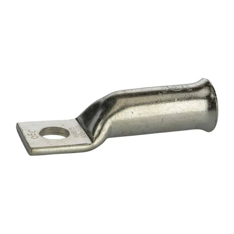 1 Hole Long Barrel Copper Compression Lug for Flexible Copper Cable 300 MCM- 1/2" Bolt Compression lugs for flexible copper cables are connects that have a gentle, continuous flared end to ensure ease of cable insertion of flexible and extra flexible cables such as locomotive, welding, mining cable and more. The flared end also reduces pressure on the cable strands after installation and protects them from chafing and breakage as a result of cable movement. Tin-plated for corrosion resistance. Rated 600 volts for copper cables only. Single mounting hole.