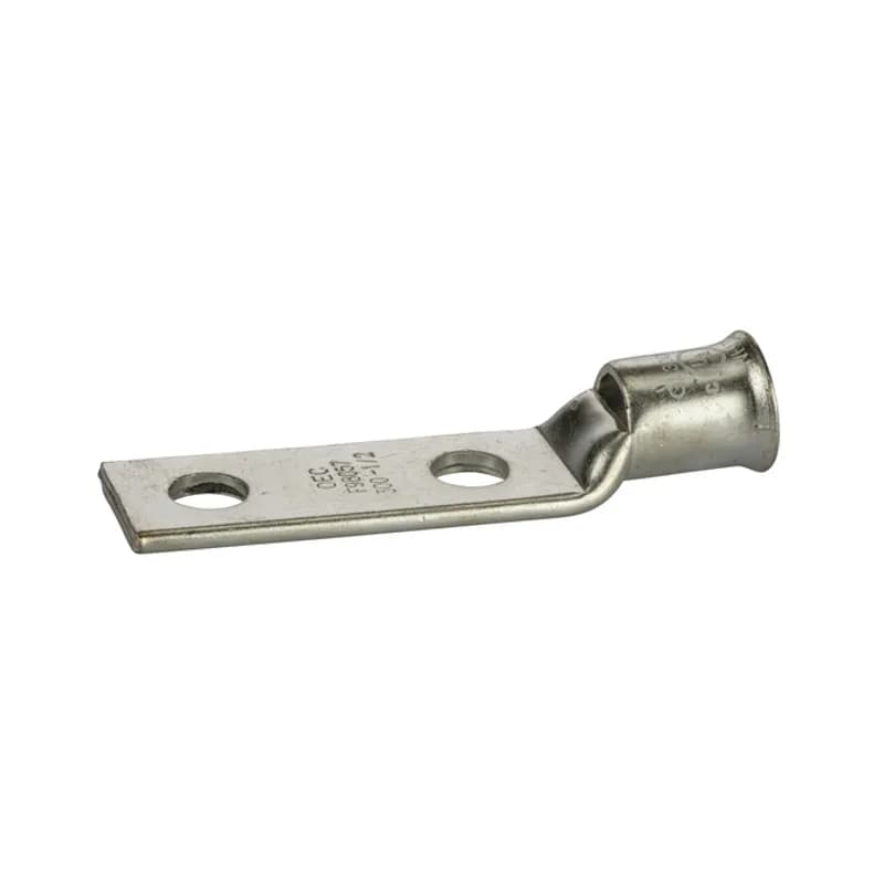 2 Hole Short Barrel Copper Compression Lug for Flexible Copper Cable 300 MCM- 1/2" Bolt Compression lugs for flexible copper cables are connects that have a gentle, continuous flared end to ensure ease of cable insertion of flexible and extra flexible cables such as locomotive, welding, mining cable and more. The flared end also reduces pressure on the cable strands after installation and protects them from chafing and breakage as a result of cable movement. Tin-plated for corrosion resistance. Rated 600 volts for copper cables only. Single mounting hole.