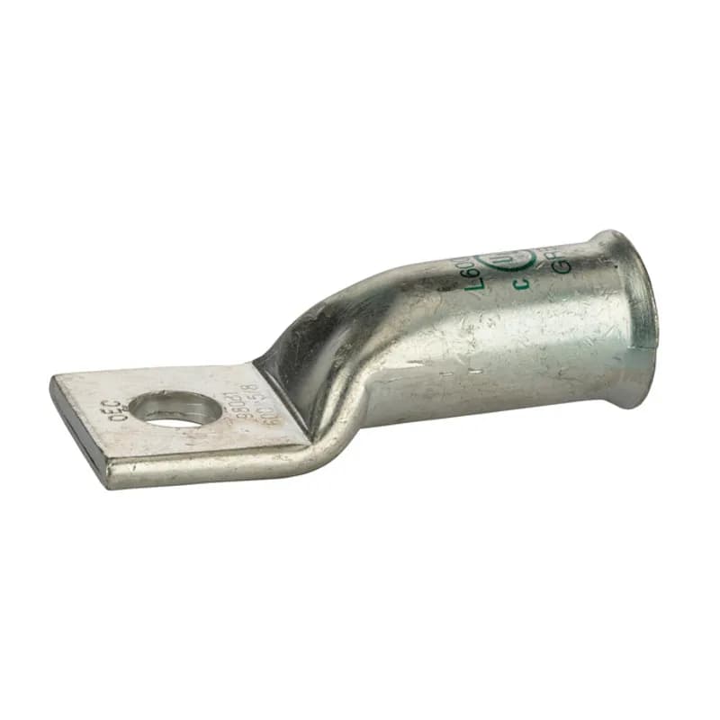 1 Hole Long Barrel Copper Compression Lug for Flexible Copper Cable 600 MCM- 5/8" Bolt Compression lugs for flexible copper cables are connects that have a gentle, continuous flared end to ensure ease of cable insertion of flexible and extra flexible cables such as locomotive, welding, mining cable and more. The flared end also reduces pressure on the cable strands after installation and protects them from chafing and breakage as a result of cable movement. Tin-plated for corrosion resistance. Rated 600 volts for copper cables only. Single mounting hole.