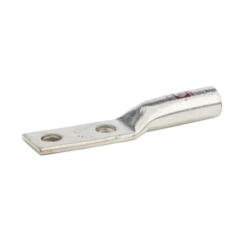 NSI Industries GL2N-141 - 2 Hole Short Barrel Copper Compression Lug w/ Peep Hole 2 AWG - 1/4" Bolt - 5/8" Mounting Hole Spacing Short Barrel Copper Compression Lugs with Peep Hole is a type of copper compression connector that is produced from high conductivity copper tubing. They are tin-plated to provide corrosion resistance and are marked with die index and color coded for easy reference. Listed for 35KV maximum when properly installed.
