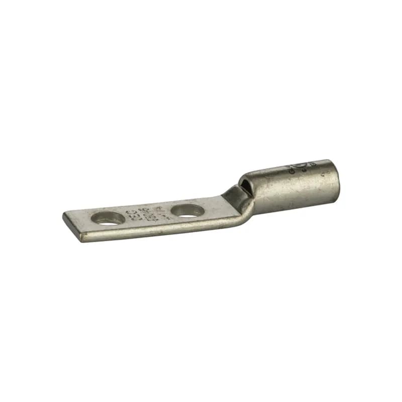 2 Hole Short Barrel Copper Compression Lug w/ Peep Hole 4 AWG - 1/4" Bolt Short Barrel Copper Compression Lugs with Peep Hole is a type of copper compression connector that is produced from high conductivity copper tubing. They are tin-plated to provide corrosion resistance and are marked with die index and color coded for easy reference. Listed for 35KV maximum when properly installed.