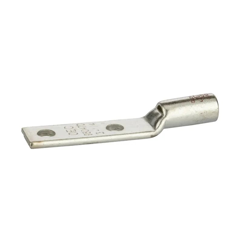 NSI Industries GL2N-143 - 2 Hole Short Barrel Copper Compression Lug w/ Peep Hole 2 AWG - 1/4" Bolt - 1" Mounting Hole Spacing Short Barrel Copper Compression Lugs with Peep Hole is a type of copper compression connector that is produced from high conductivity copper tubing. They are tin-plated to provide corrosion resistance and are marked with die index and color coded for easy reference. Listed for 35KV maximum when properly installed.